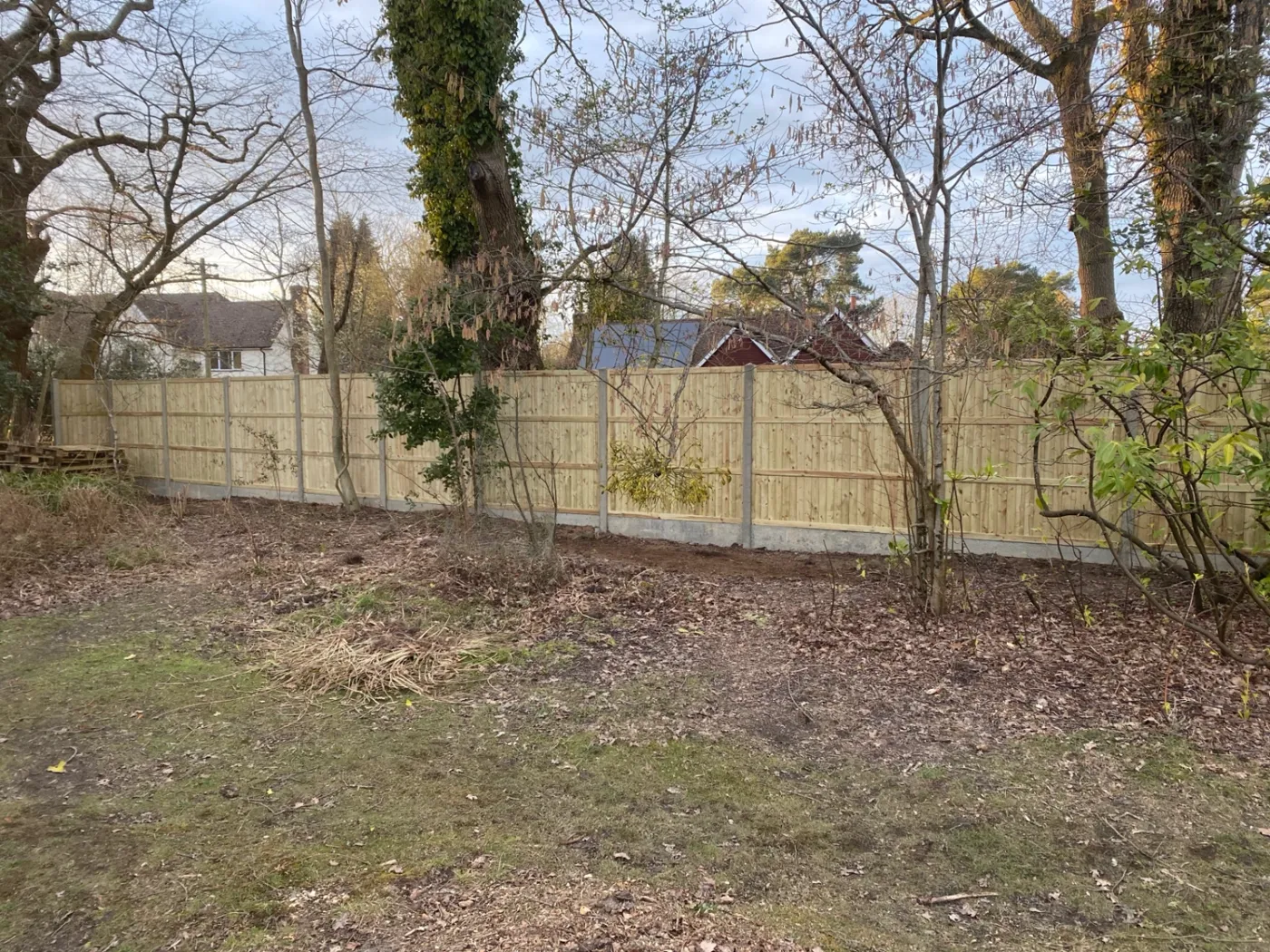 New fence line installed along a wooded garden boundary